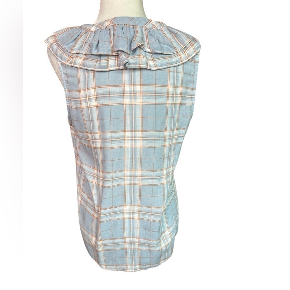 Veronica Beard Blue Plaid Ruffled Sleeveless Blouse Size M - Picture 5 of 6